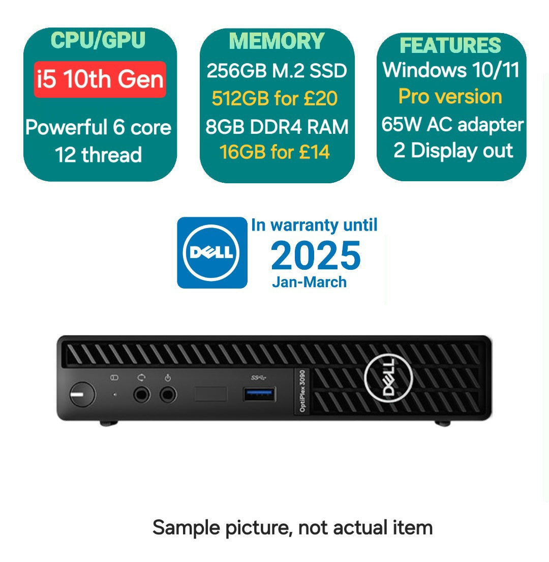 Dell OptiPlex Micro PC with Intel Core i5 10th Gen 10500T 256GB SSD, 8GB RAM Windows 11 Pro