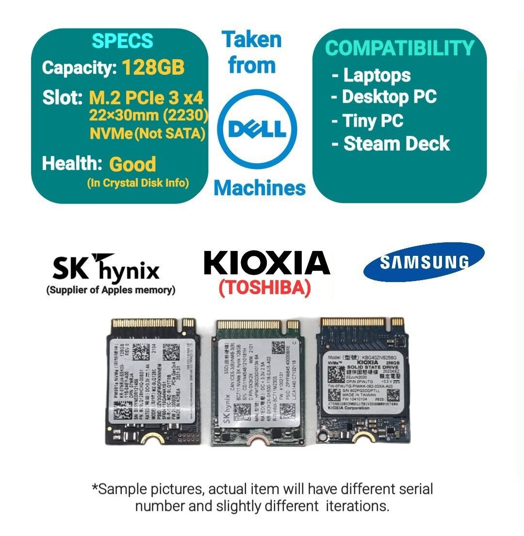 128GB M.2 (PCIe Gen 3 x4 ) NVMe SSD Solid State Drive Samsung Kioxia SK Hynix