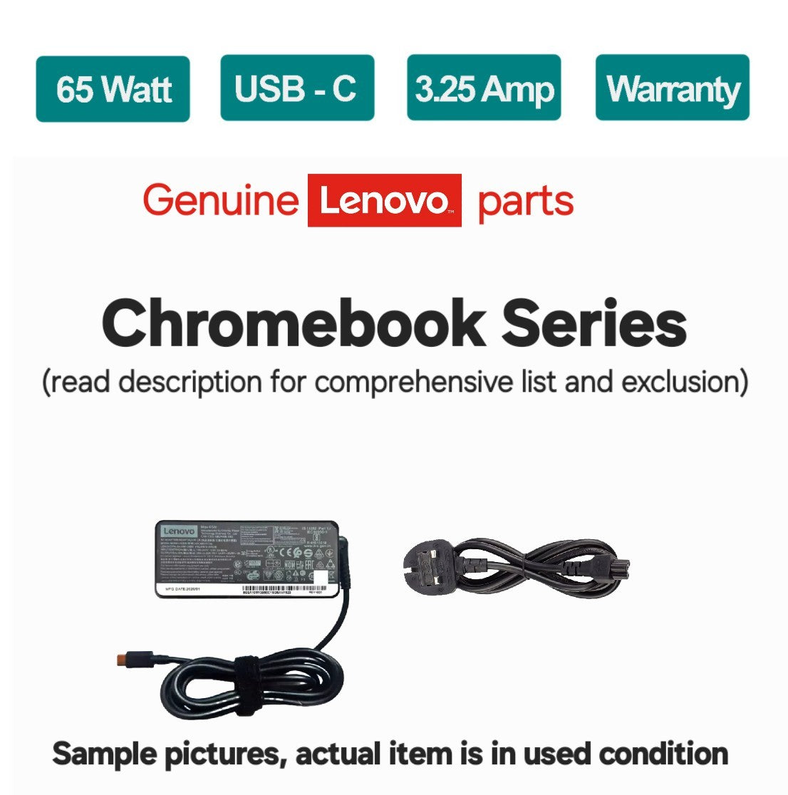 Genuine Lenovo 65W USB-C AC Adapter Power Charger ThinkPad Chromebook 20V 3.25A