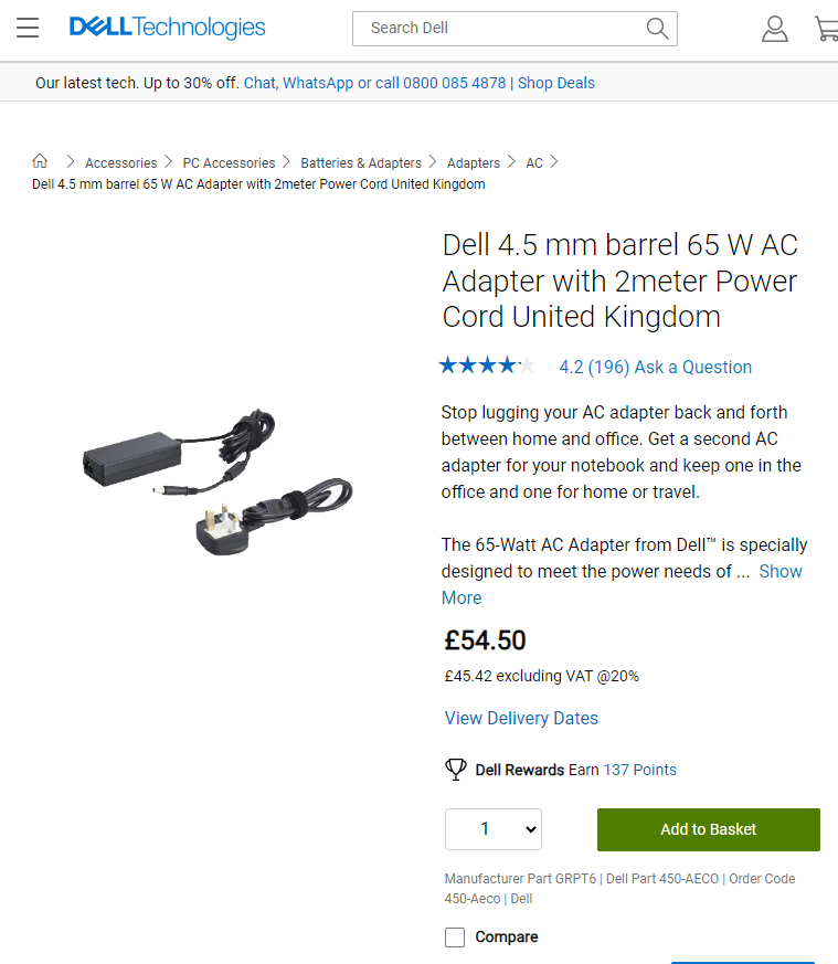 65W GENUINE DELL OPTIPLEX Micro 3000 PSU Power Supply AC Adapter