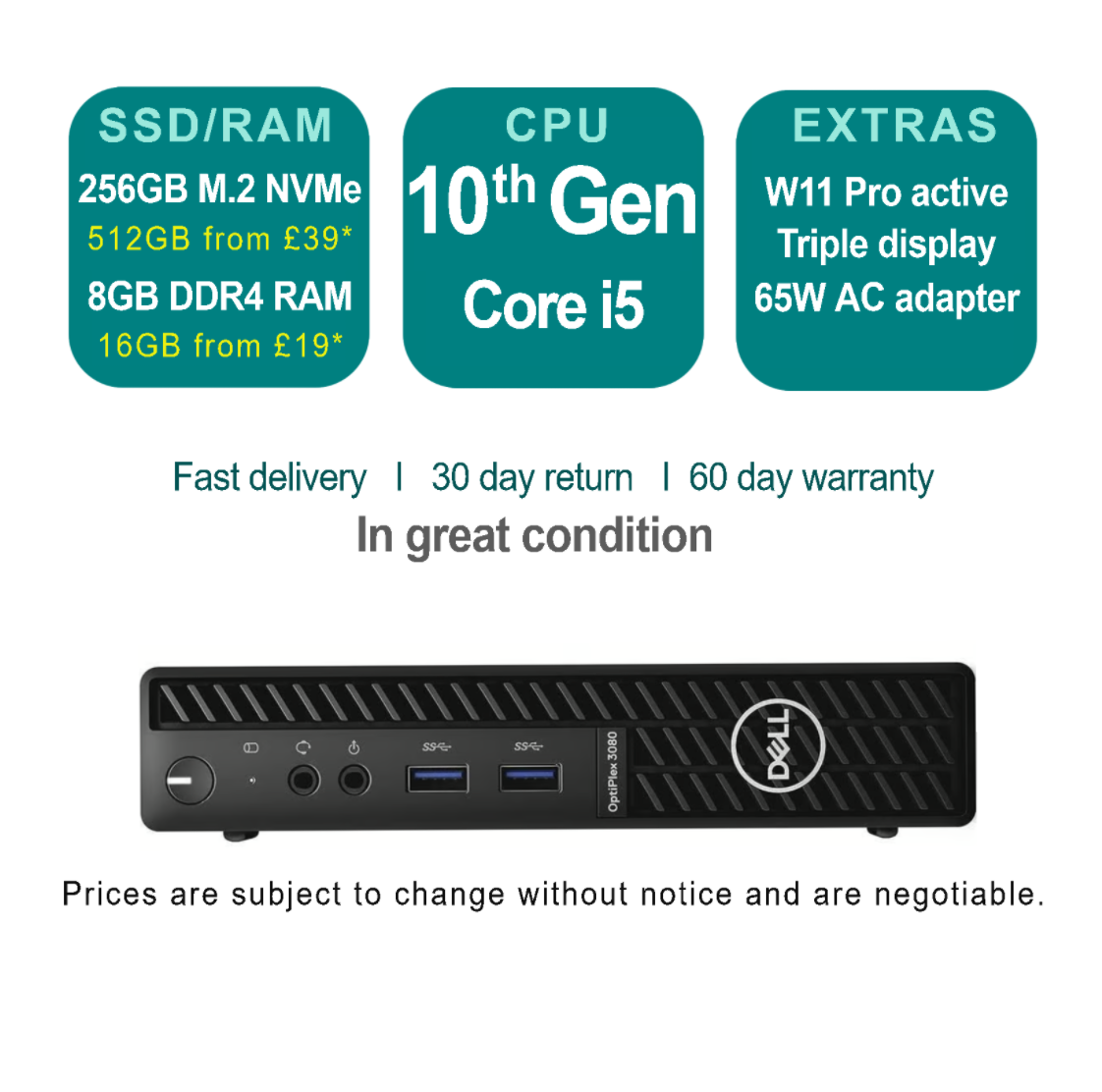 Dell OptiPlex 3080 Micro PC 256GB SSD, Intel i5 10th Gen 10500T 8GB RAM