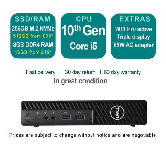 Dell OptiPlex 3080 Micro PC 256GB SSD, Intel i5 10th Gen 10500T 8GB RAM