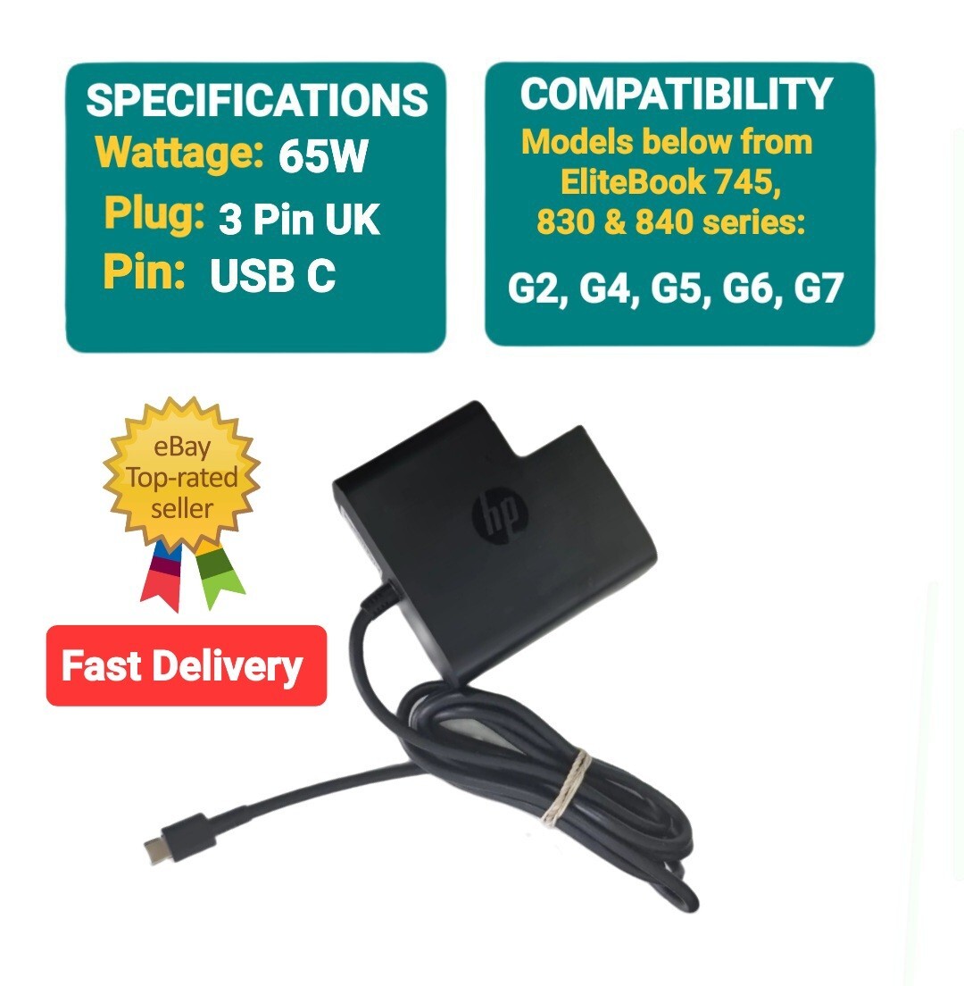 Genuine HP Elitebook 65W Charger USB C Model: 745 830 840 G2 G4 G5 G6 (No Cable)