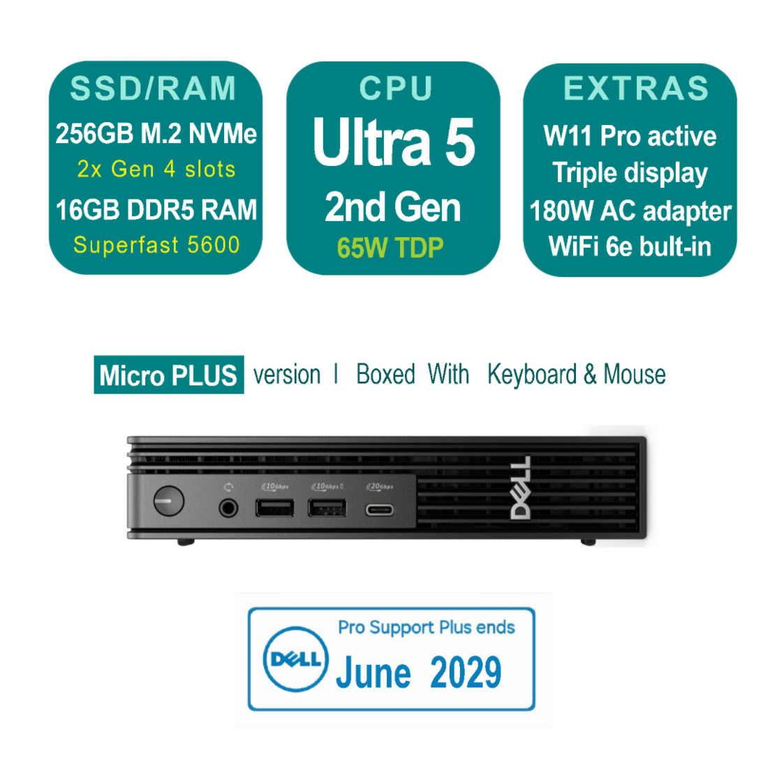 Latest Dell Pro Micro Plus QBM1250 Desktop  Ultra 5 256GB SSD  16GB RAM Mini PC