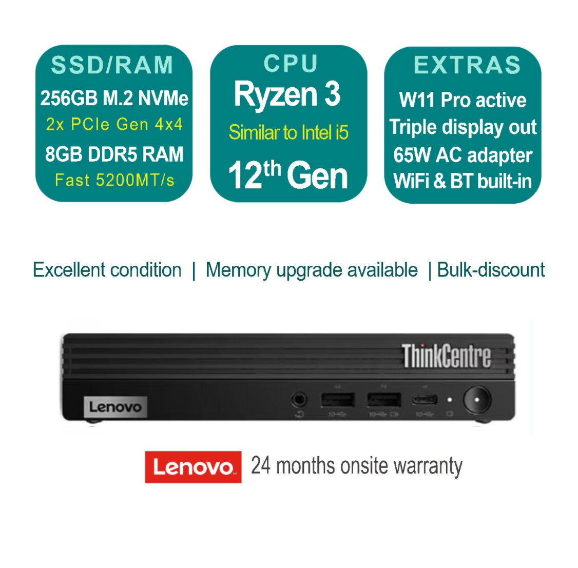 Lenovo ThinkCentre M75q Gen 5 AMD Ryzen 3 8300GE  8GB DDR5 RAM 256GB SSD Mini PC