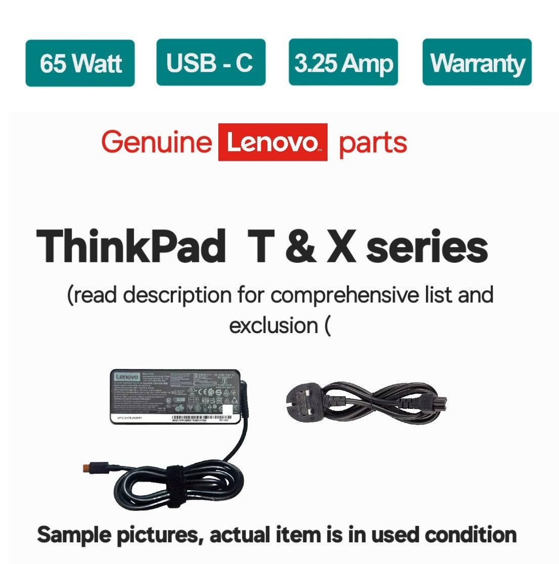 Lenovo ThnkPad Laptop Charger  20V 3.25A 65W USB-C  TYPE-C with 3-Pin UK 