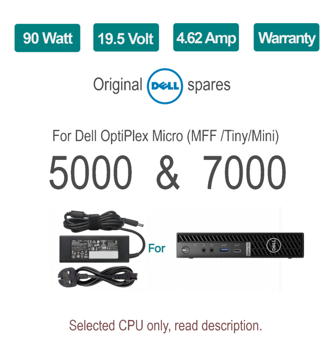 90W Genuine Dell OptiPlex Micro 5000  7000   Charger AC Power Supply Adapter  UK