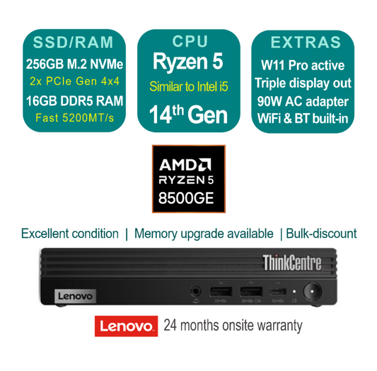 Lenovo ThinkCentre M75q Gen 5 - Ryzen 5 8500GE - 16GB DDR5 - 256GB SSD - W11 Pro